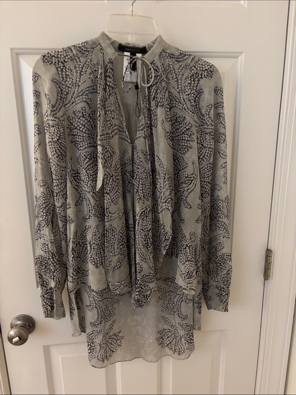 BCBGMaxAzria silk Light Gray and Navy Paisley Tie-Neck Blouse
